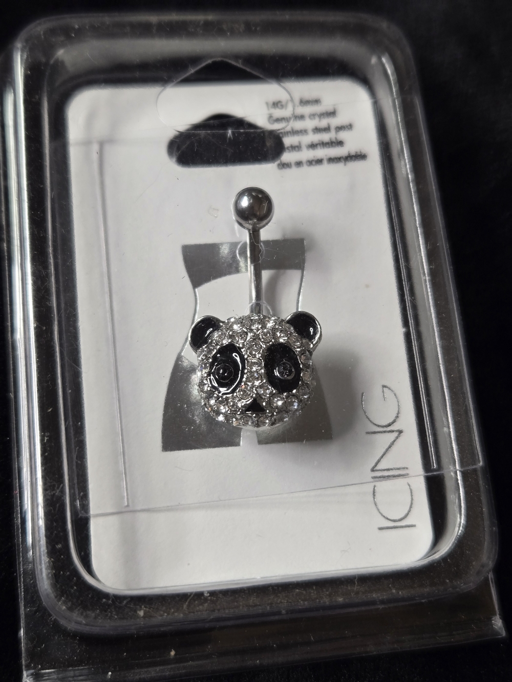 14G Crystal Stainless Steel Panda Belly Button Ring-Brand New & Sealed